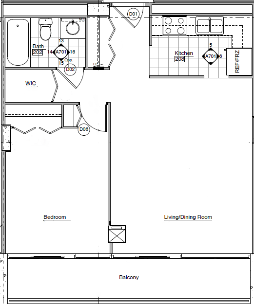 Floor plan for 1 bed, 1 bath, 619 sqft